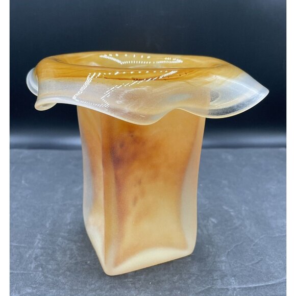 VTG Brown Swirl Frosted Glass Handkerchief Top Vase Glass Art Made In Poland - Picture 6 of 8